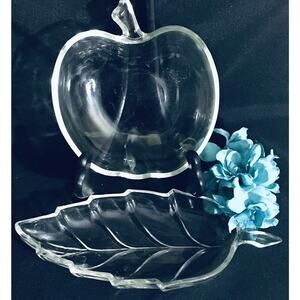 Indiana Glass Bowls 2 APPLE, LEAF Dip Appetizer Candy Nut Desert Dish Clear Tray